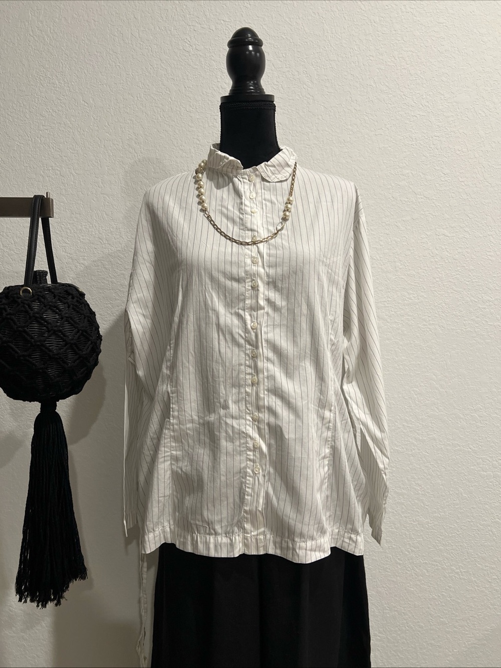 Striped White Relaxed Button-Down Blouse